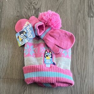 Pink and Gray bluey kids Winter Hat and Gloves Set